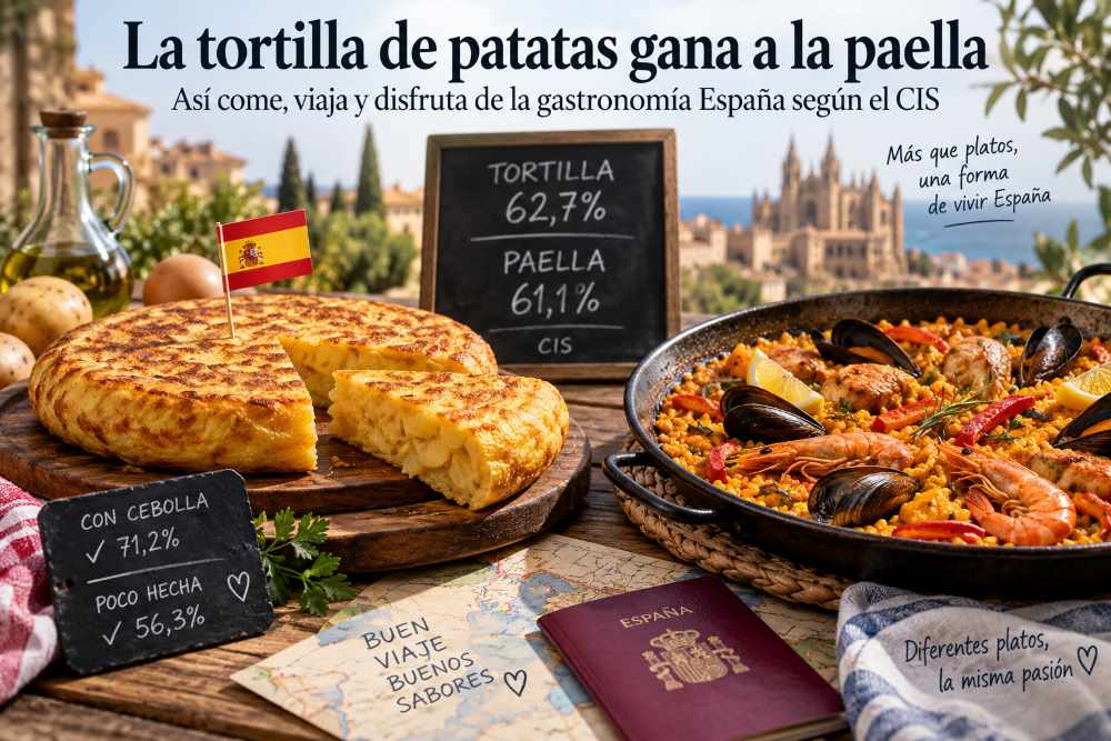 Tortilla de patatas y paella, los platos más representativos de España según el CIS (IA)