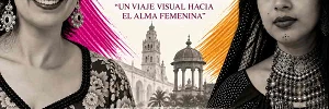 Cartel cuadrado de la exposición fotográfica «Rostros Compartidos: 50 Mujeres · 50 Historias», que reúne retratos de mujeres de España y la India. El diseño muestra dos retratos femeninos en blanco y negro, arquitectura de Córdoba y pinceladas magenta y doradas.