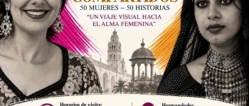 Cartel cuadrado de la exposición fotográfica «Rostros Compartidos: 50 Mujeres · 50 Historias», que reúne retratos de mujeres de España y la India. El diseño muestra dos retratos femeninos en blanco y negro, arquitectura de Córdoba y pinceladas magenta y doradas.