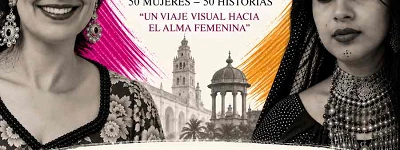 Cartel cuadrado de la exposición fotográfica «Rostros Compartidos: 50 Mujeres · 50 Historias», que reúne retratos de mujeres de España y la India. El diseño muestra dos retratos femeninos en blanco y negro, arquitectura de Córdoba y pinceladas magenta y doradas.