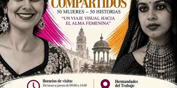 Cartel cuadrado de la exposición fotográfica «Rostros Compartidos: 50 Mujeres · 50 Historias», que reúne retratos de mujeres de España y la India. El diseño muestra dos retratos femeninos en blanco y negro, arquitectura de Córdoba y pinceladas magenta y doradas.